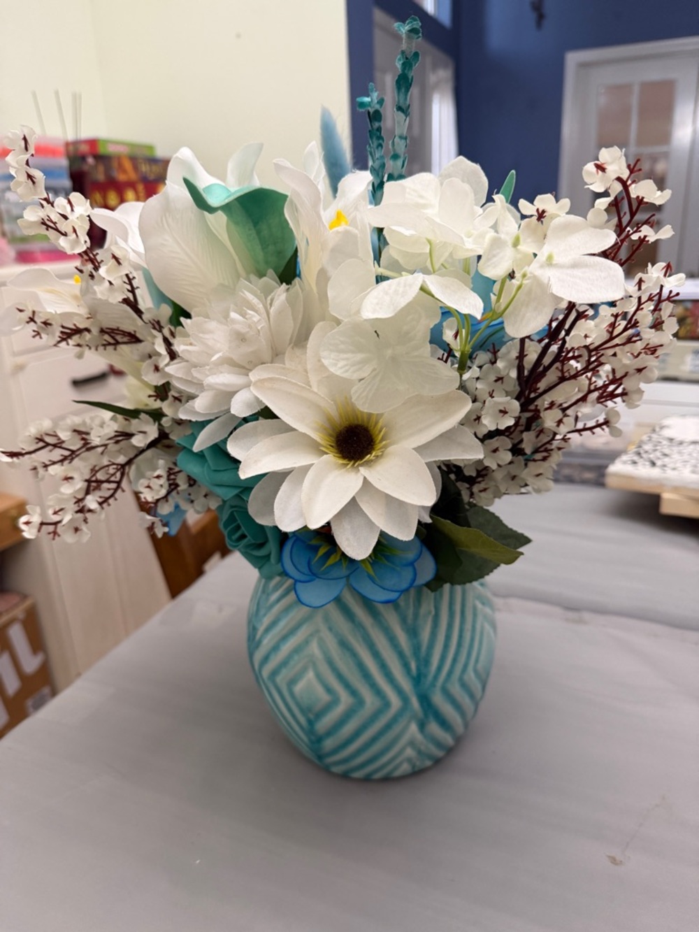 Turquoise & White Floral Arrangement in Decorative Vase - Home Accents - Picture 3 of 8